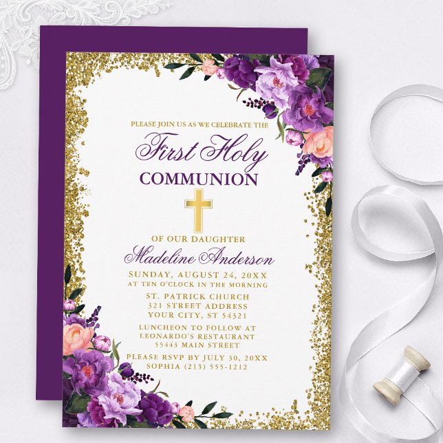 Blommigten Watercolor Lila First Communion Glitter Inbjudningar (Customize to change text size, color, style or to change color of back of card.)