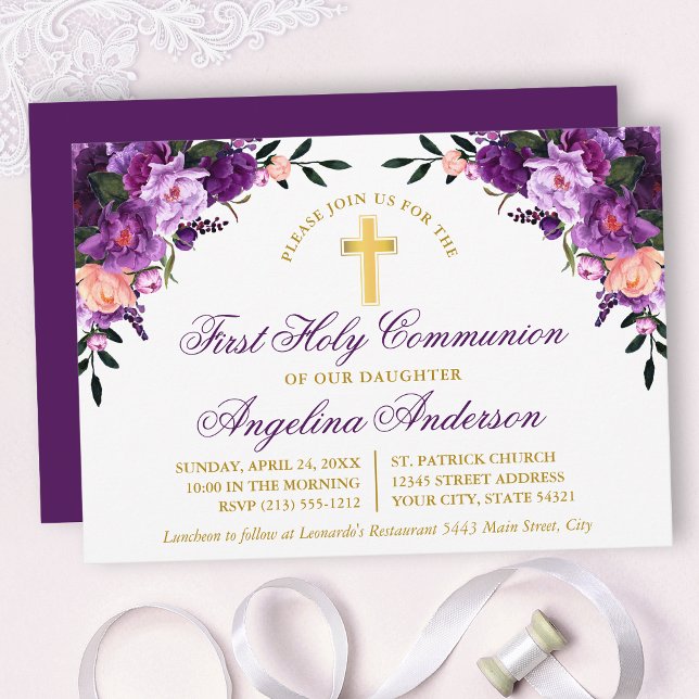 Blommigten Watercolor Lila First Communion Guld Inbjudningar (Customize to change text color, size, style or to change color of back of card.)