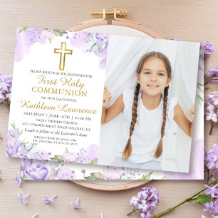 Blommigten Watercolor Lila First Communion Photo Inbjudningar