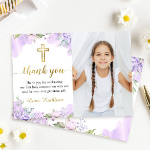 Blommigten Watercolor Lila First Communion Photo Tack Kort