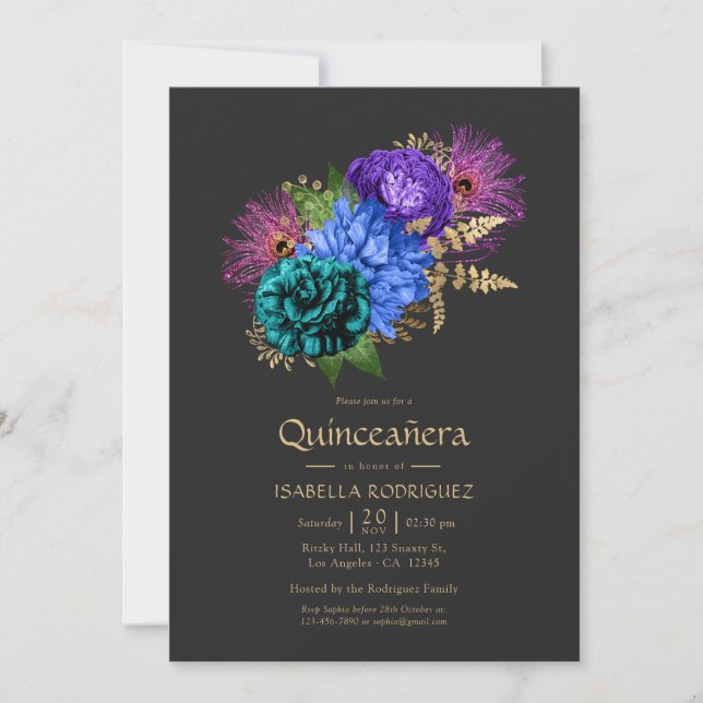 Blommigten Watercolor Mardi Gras Quinceañera Photo Inbjudningar (Framsida)