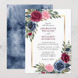 Blommigten Watercolor Navy Blue Burgundy Guld Inbjudningar