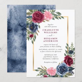 Blommigten Watercolor Navy Blue Burgundy Guld Inbjudningar