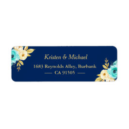 Blommigten Watercolor Navy Blue Mint Guld Garden Returadress Etikett