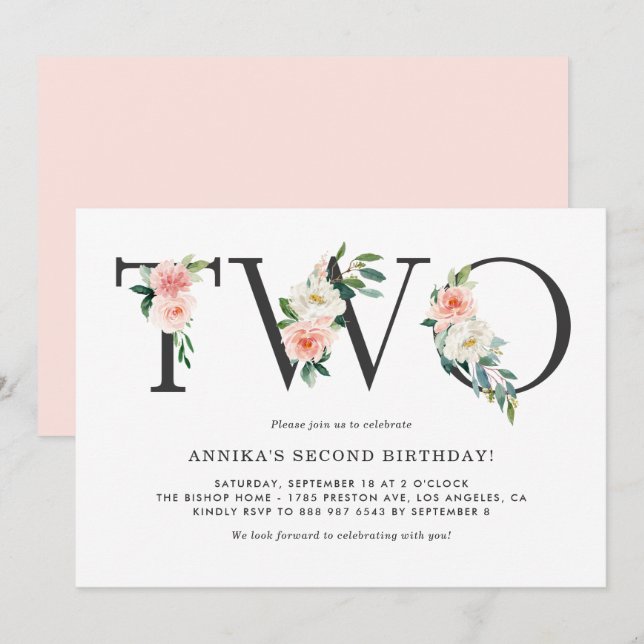 Blommigten Watercolor Peach Flowers 2 Birthday Inbjudningar (Fram/baksida)