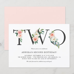 Blommigten Watercolor Peach Flowers 2 Birthday Inbjudningar
