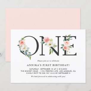 Blommigten Watercolor Peach Flowers First Birthday Inbjudningar