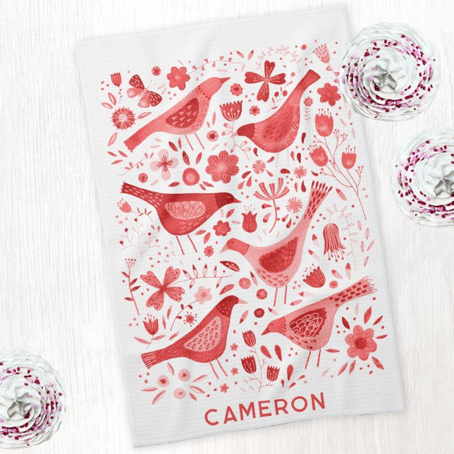 Blommigten Watercolor Personlig för vilda fåglar o Kökshandduk (Red and white personalized custom name watercolor bird and wild flower art kitchen tea towel)