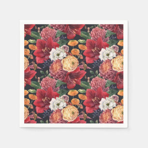 Blommigten Watercolor Red Amaryllis och Chrysanthe Pappersservett