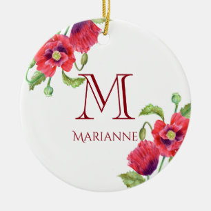 Blommigten Watercolor Red Poppies Art Monogram Julgransprydnad Keramik