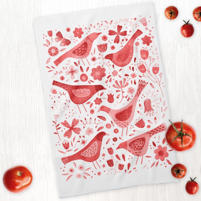Blommigten Watercolor Red White Kökshandduk (Watercolor red and white birds and wild flower painting on a kitchent tea towel)