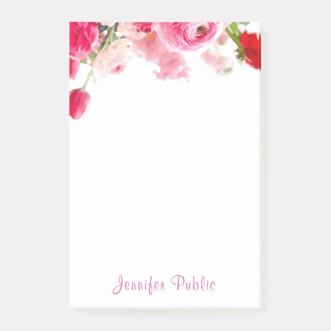Blommigten Watercolor Ro Handskriven Namn- Post-it Block (Framsida)
