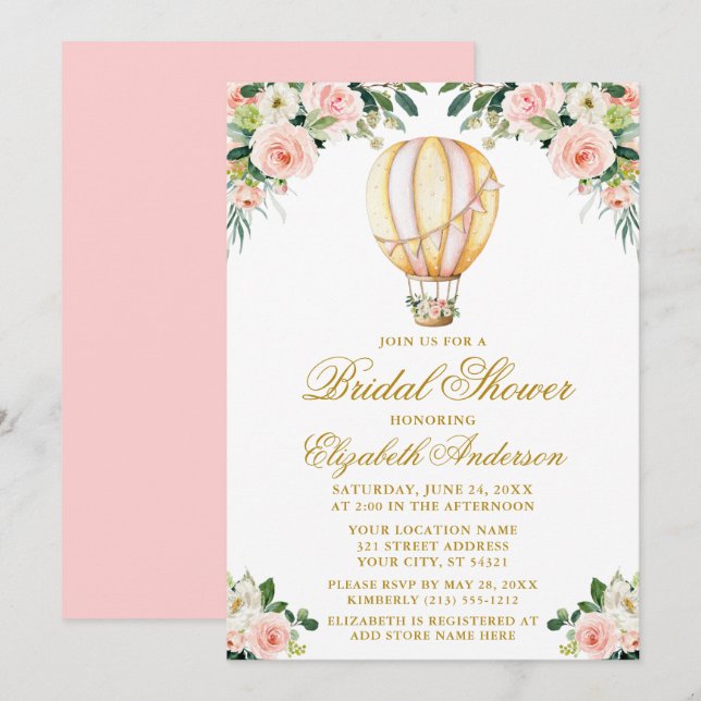 Blommigten Watercolor Rosa Balloon Guld Möhippa Inbjudningar (Fram/baksida)
