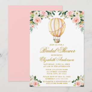 Blommigten Watercolor Rosa Balloon Guld Möhippa Inbjudningar