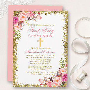 Blommigten Watercolor Rosa First Communion Glitter Inbjudningar