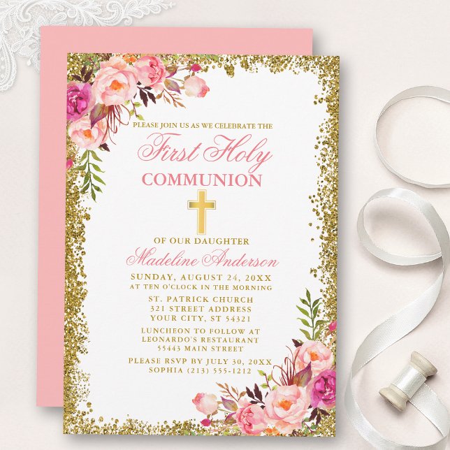 Blommigten Watercolor Rosa First Communion Glitter Inbjudningar (Customize to change text size, color, style or to change color of back of card.)