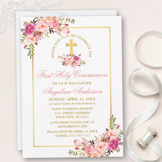 Blommigten Watercolor Rosa First Communion Guld Ra Inbjudningar (Customize to change text color, size, style or to add more text to back of card.)