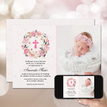 Blommigten Watercolor Rosa  för flicka Baptism Inbjudningar<br><div class="desc">Den här moderna,  elegant-baptisminbjudan innehåller ditt barns foto och en vacker vattenfärgad andedräkt av rosa trädgårdblommor runt ett rosa kor,  perfekt för din dotters speciella dag. MATCHING-artiklar tillgängliga i vår butik.</div>