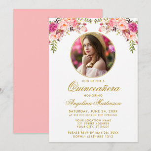 Blommigten Watercolor Rosa Quinceanera Round Ram Inbjudningar
