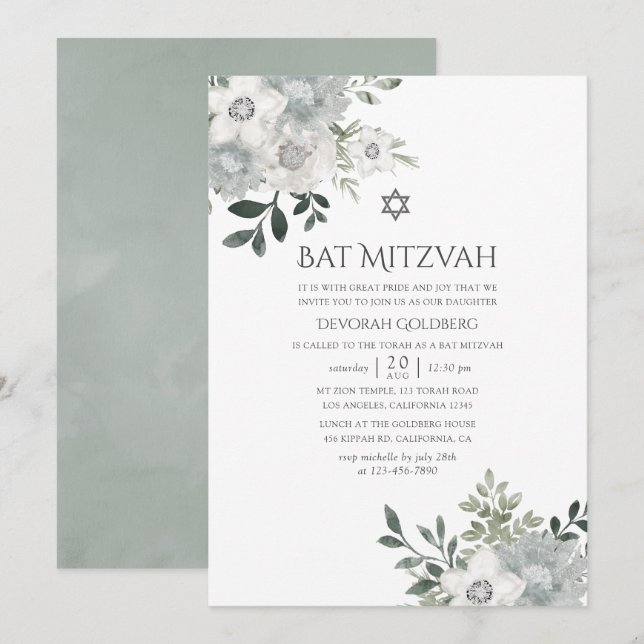 Blommigten Watercolor Silver Sage Bat mitzvah Inbjudningar (Fram/baksida)