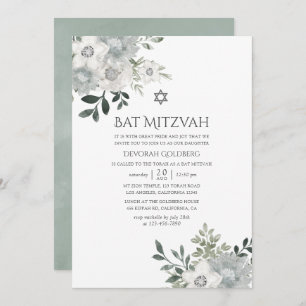 Blommigten Watercolor Silver Sage Bat mitzvah Inbjudningar