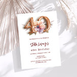 Blommigten White guld Peach 40-årsdagen Inbjudningar<br><div class="desc">En modern,  snyggt och glamorös inbjudan till en 40-årsdag. Vit bakgrund,  dekorerad med en persika och lila vattenfärgad blomma. Namn är skrivet med ett modernt handskript i stil. Anpassa och lägg till information om party. Nummer 40 skrivs med ett stil-skript med ballong.</div>
