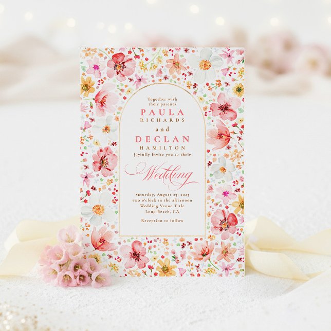 Blommigten Wildblommor Meadow Garden  Rosa Bröllop Inbjudningar (Pink Blush Pastel Watercolor Flowers Wedding Invitations)