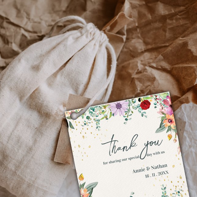 Blommigten Wildblommor Tack för Bröllopsfesten Med Gåvor Etiketter (Wildflowers Floral Thank you Message Wedding Party Favor Tags)