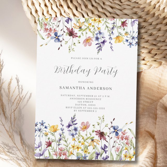 Blommigten Wildblommor Watercolor Birthday Inbjudningar (Skapare uppladdad)