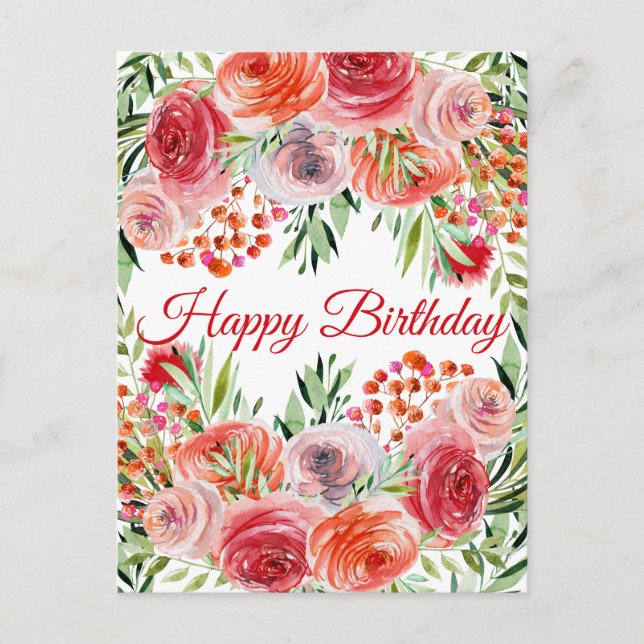 Blommigten Wildblommor Watercolor Birthday Postcar Vykort (Framsida)