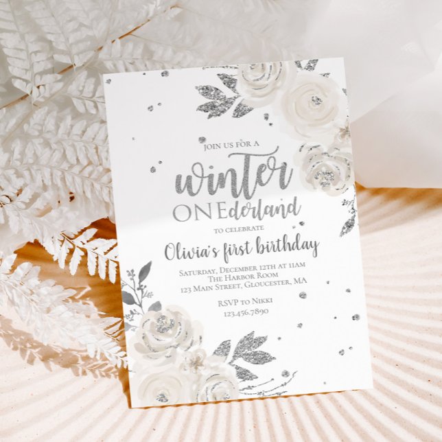 Blommigten Winter Onederland Silver Glitter Inbjudningar (Skapare uppladdad)
