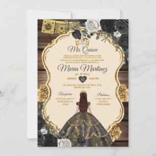 Blommigten Wood Quiñceanera i Guld & Black Inbjudningar