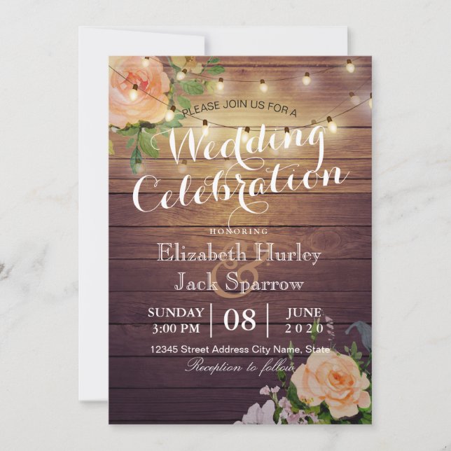 Blommigten Wood String Light Rustic Wedding Invest Inbjudningar (Framsida)