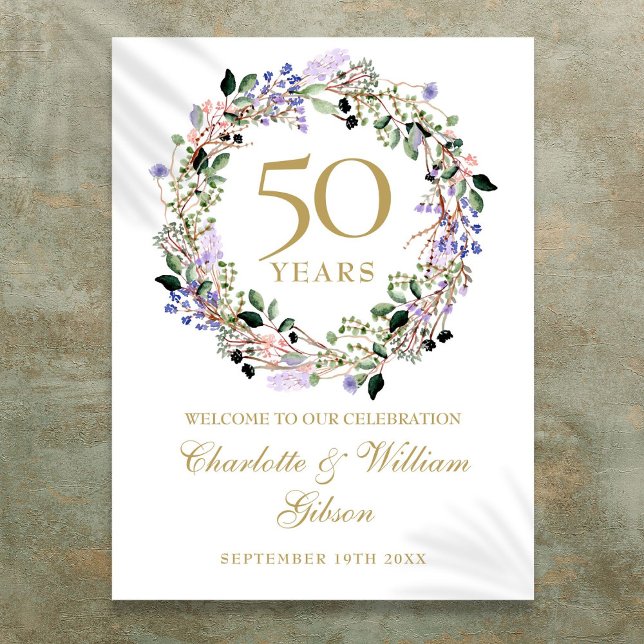 Blommigtens 50:e Bröllop-årsjubileum Välkomsttecke Poster (Floral 50th Wedding Anniversary Welcome Sign)