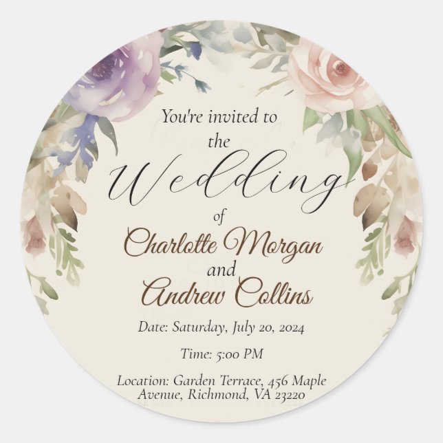 Blommigtens bröllopsinbjudan runt klistermärke (Framsida)