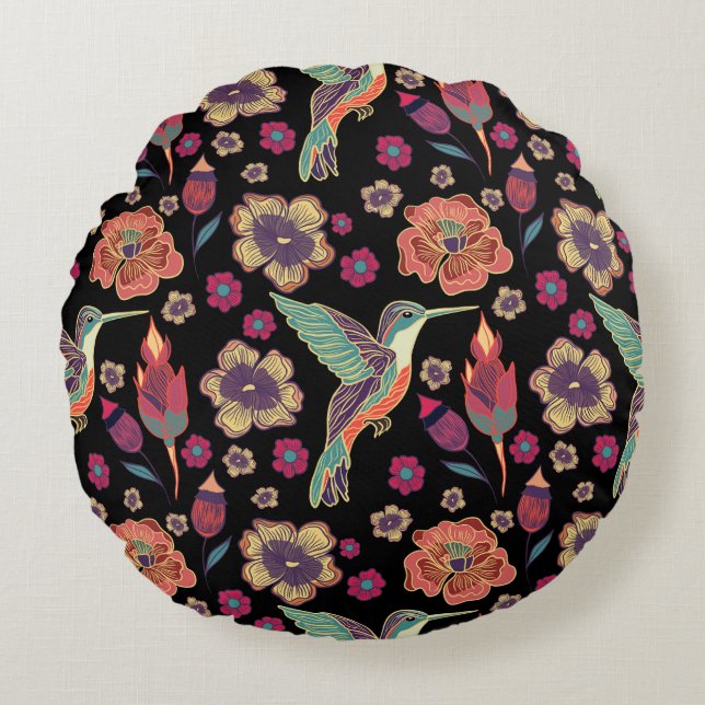 Blommigtens fågeldesign | Naturinspirerad teckning Rund Kudde (Framsidan)