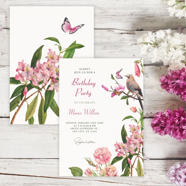 Blommigtens fågelkonst födelsedag inbjudningar (Skapare uppladdad)