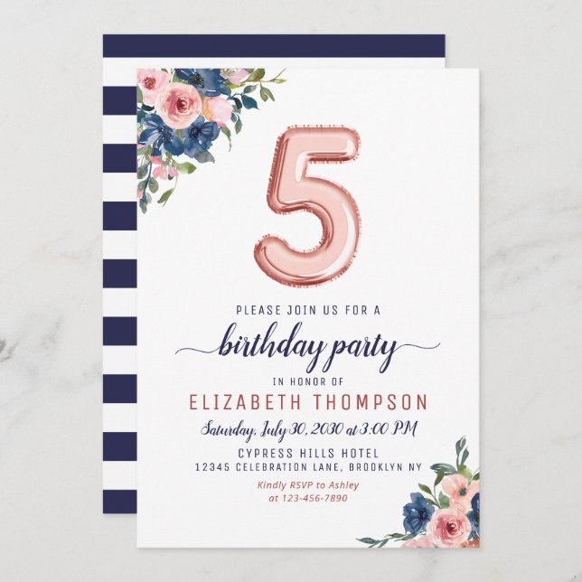 Blommigtens flotta  Guld-ballongen Ro 5:e födelsed Inbjudningar (Fram/baksida)