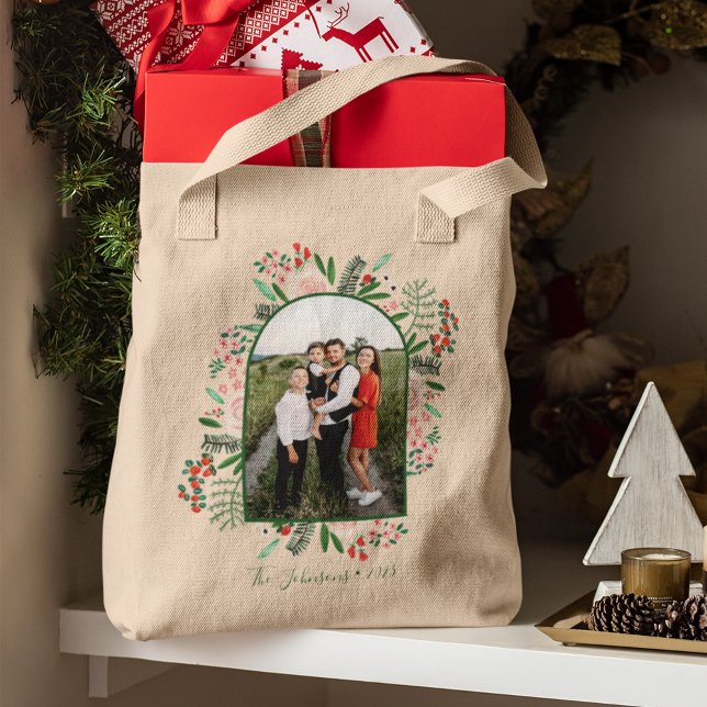 Blommigtens fotojul tygkasse (Modern Arch Frame Floral Christmas Photo Tote Bag)