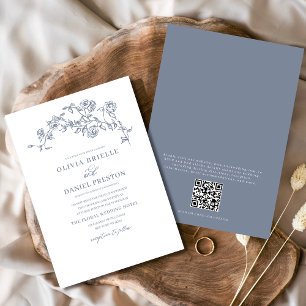 Blommigtens Fransk Vintage QR-kod Dusty Blue Bröll Inbjudningar