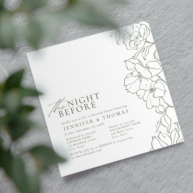 Blommigtens grönt kvällen före förnyad prövning inbjudningar (Elegant hand drawn floral sage green rehearsal dinner invitations)