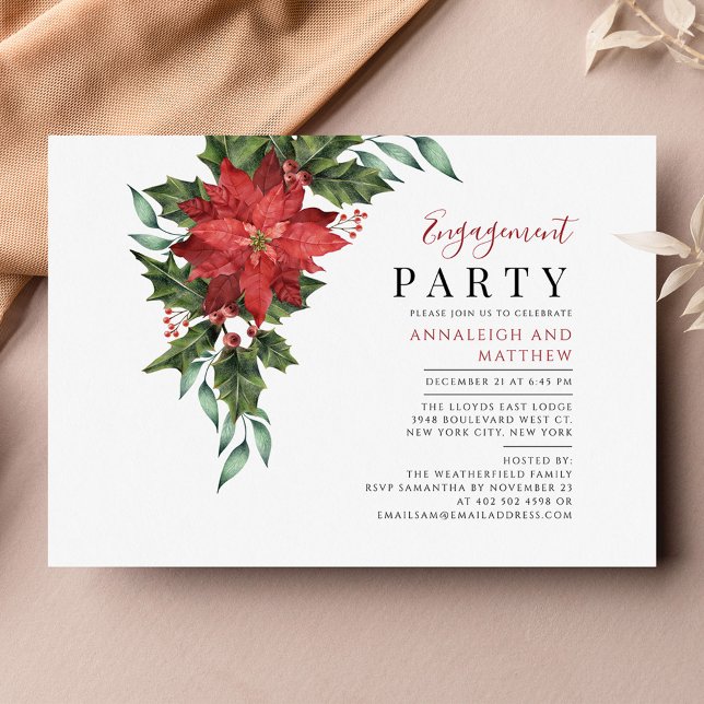 Blommigtens inbjudan till Förlovningsfest till jul (Floral Greenery Poinsettia Holiday Engagement Party Invitation)
