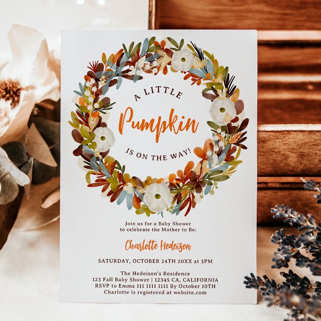 Blommigtens krandfall, lilla pumprusning för babyd inbjudningar (Floral wreath fall little pumpkin baby shower invitation)