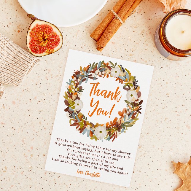 Blommigtens krandfall, lilla pumprusning för babyd tack kort (Floral wreath fall little pumpkin baby shower thank you card)
