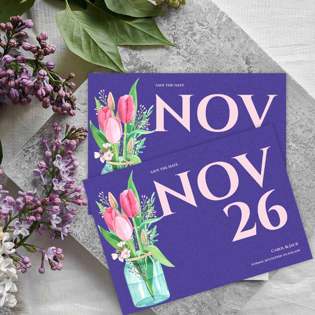 Blommigtens Lila och  Bröllop spara datum Meddelande (Floral Purple & Blush Wedding Save the Date Announcement)