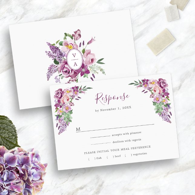 Blommigtens Lila OSA Kort (Watercolor Lavender Floral Purple RSVP Card
)