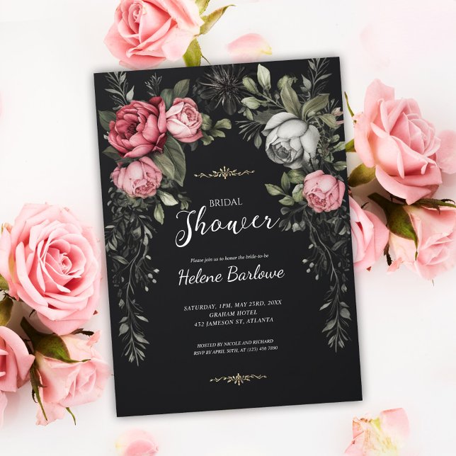 Blommigtens Mörk - Möhippa för  Inbjudningar (Floral Dark Gothic Bridal Shower Invitation)