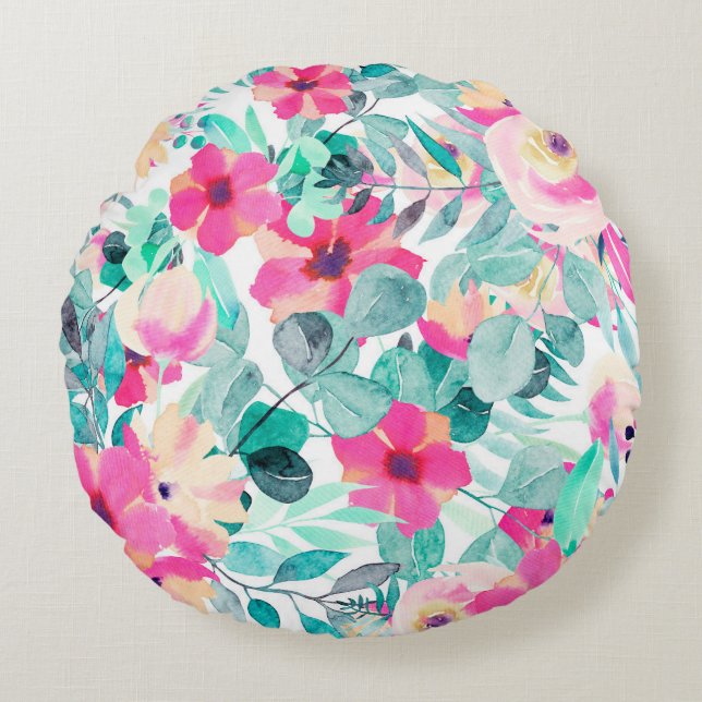 Blommigtens motiv i vattenfärg rund kudde (Framsidan)