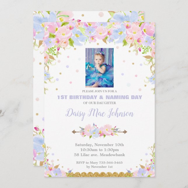 Blommigtens namngivningsdag och första födelsedag  inbjudningar (Fram/baksida)