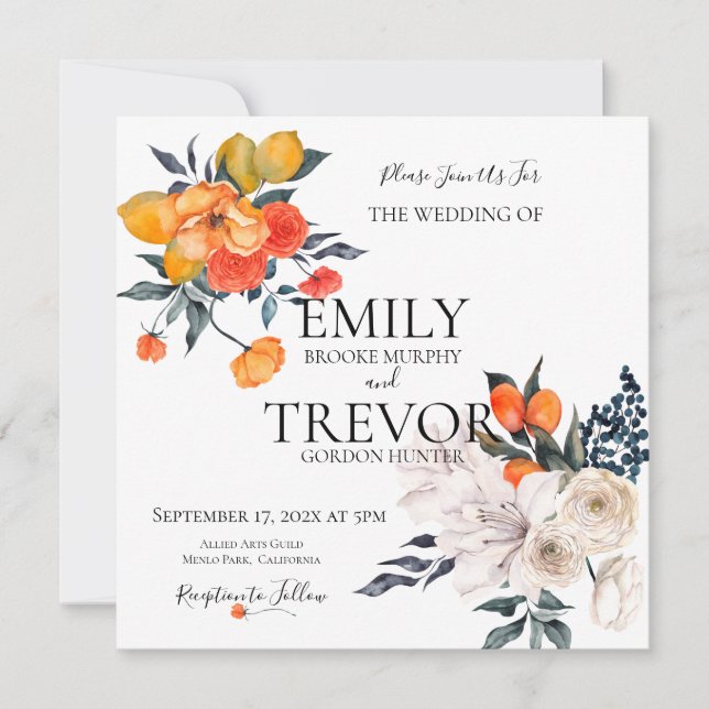 Blommigtens orange och inbjudan till vitt bröllop (Framsida)